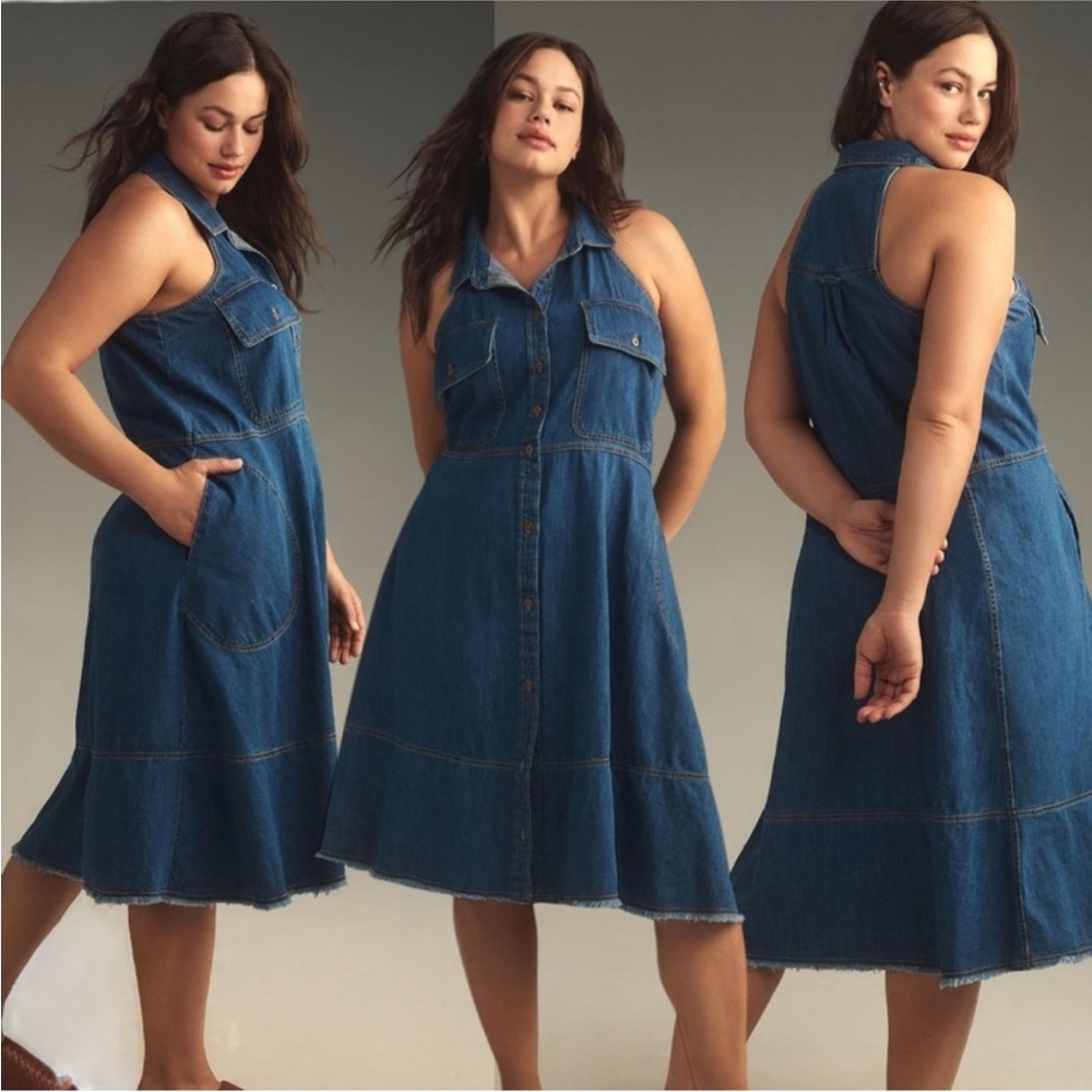 Pilcro Anthropologie Sleeveless Halter Collar Denim Flare Swing Midi Dress